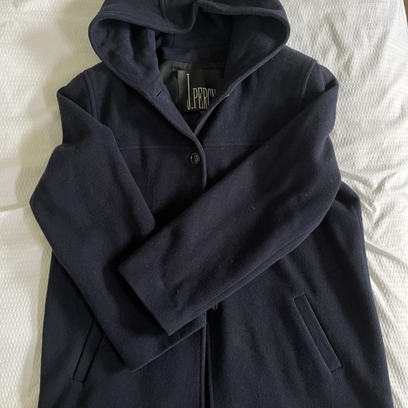 J Percy Vintage Navy Hooded 100% Merino Wool Coat Made in the USA - Picture 1 of 5